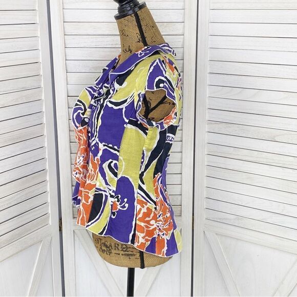 Sequel Abstract Paisley Tie Neck Panel Button Front Shirt Purple Multi 8 - Picture 2 of 12